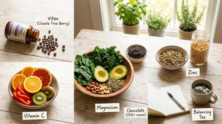 Natural supplements and foods to increase progesterone levels including Vitex, Vitamin C, magnesium and zinc