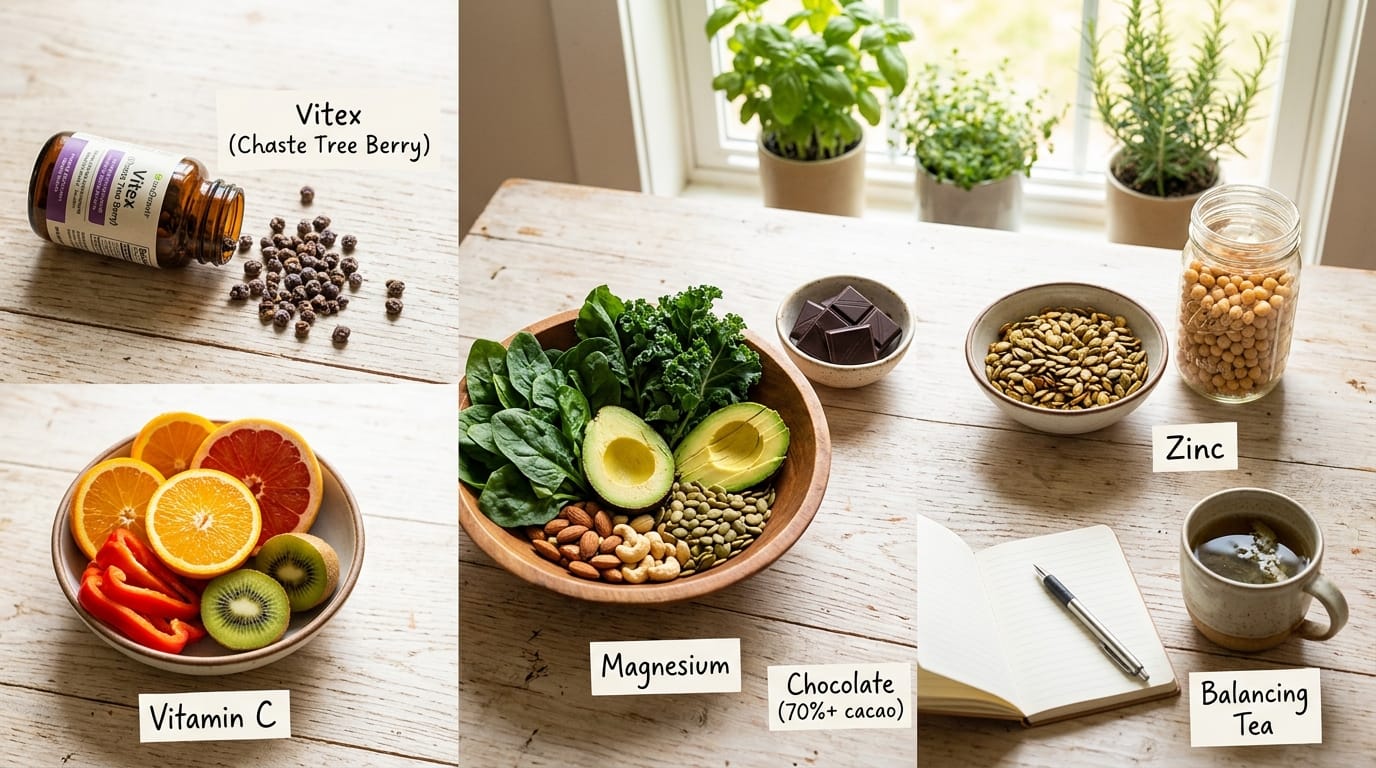 Natural supplements and foods to increase progesterone levels including Vitex, Vitamin C, magnesium and zinc