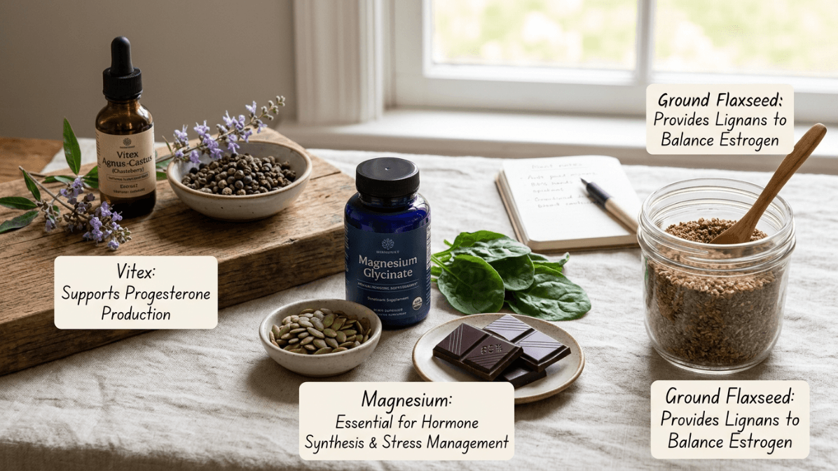 Natural supplements to balance progesterone and estrogen including Vitex agnus-castus, magnesium, and ground flaxseed