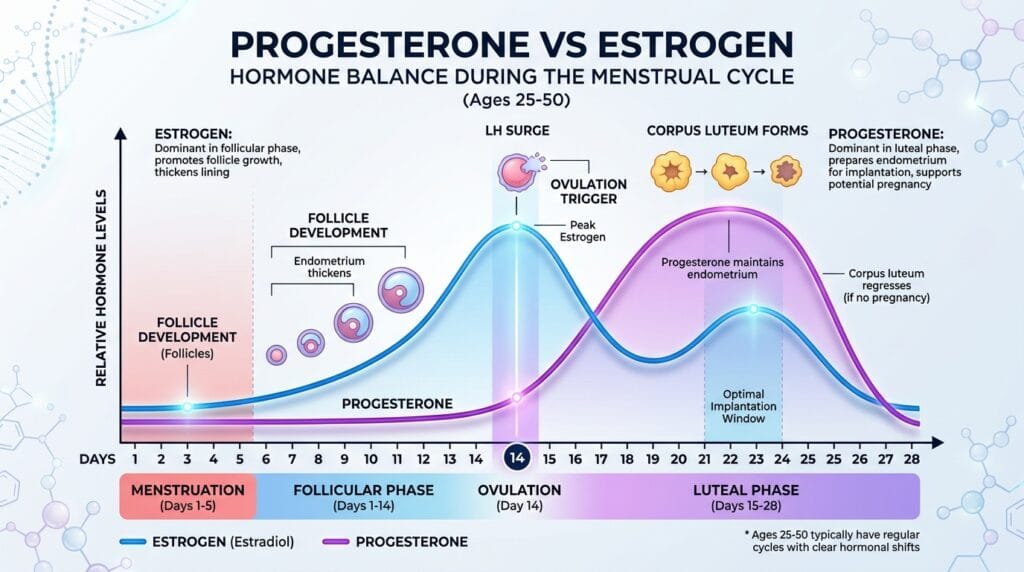 Progesterone vs estrogen hormone balance diagram showing the menstrual cycle phases for women aged 25-50