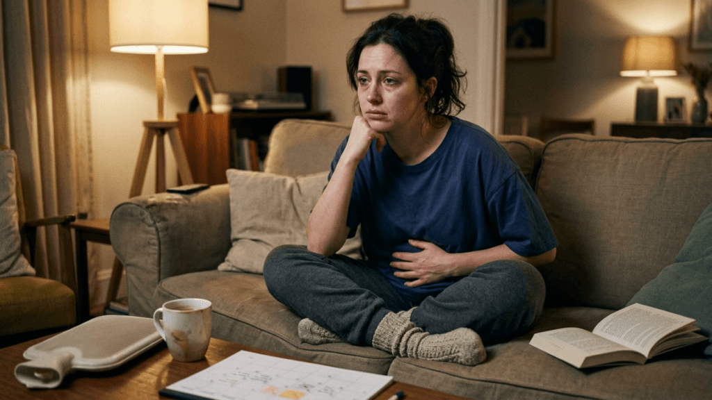 Woman experiencing estrogen dominance symptoms including bloating, insomnia, and mood swings before her period