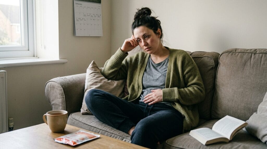 Woman experiencing signs of low progesterone including fatigue and bloating during luteal phase