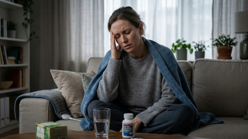 Woman with hormonal headache and anxiety caused by low progesterone and estrogen dominance